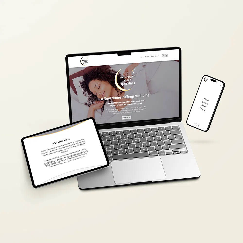 a multi-device mockup displaying the Squarespace website for Well Rested Sleep Specialists