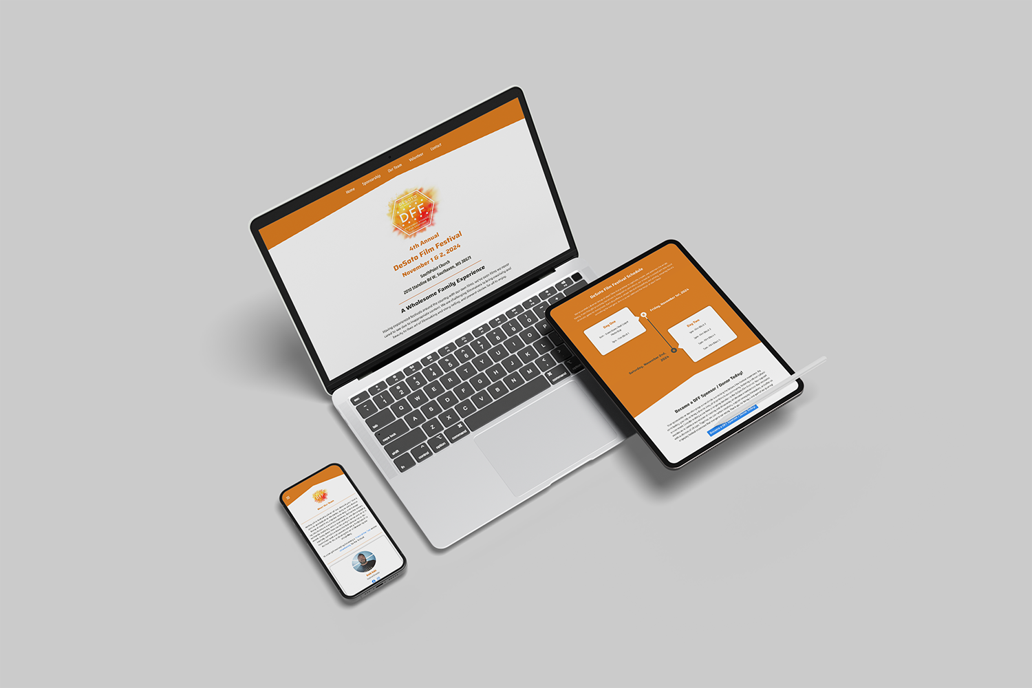a multi-device mockup displaying the responsive design of a WordPress website for DeSoto Film Festival
