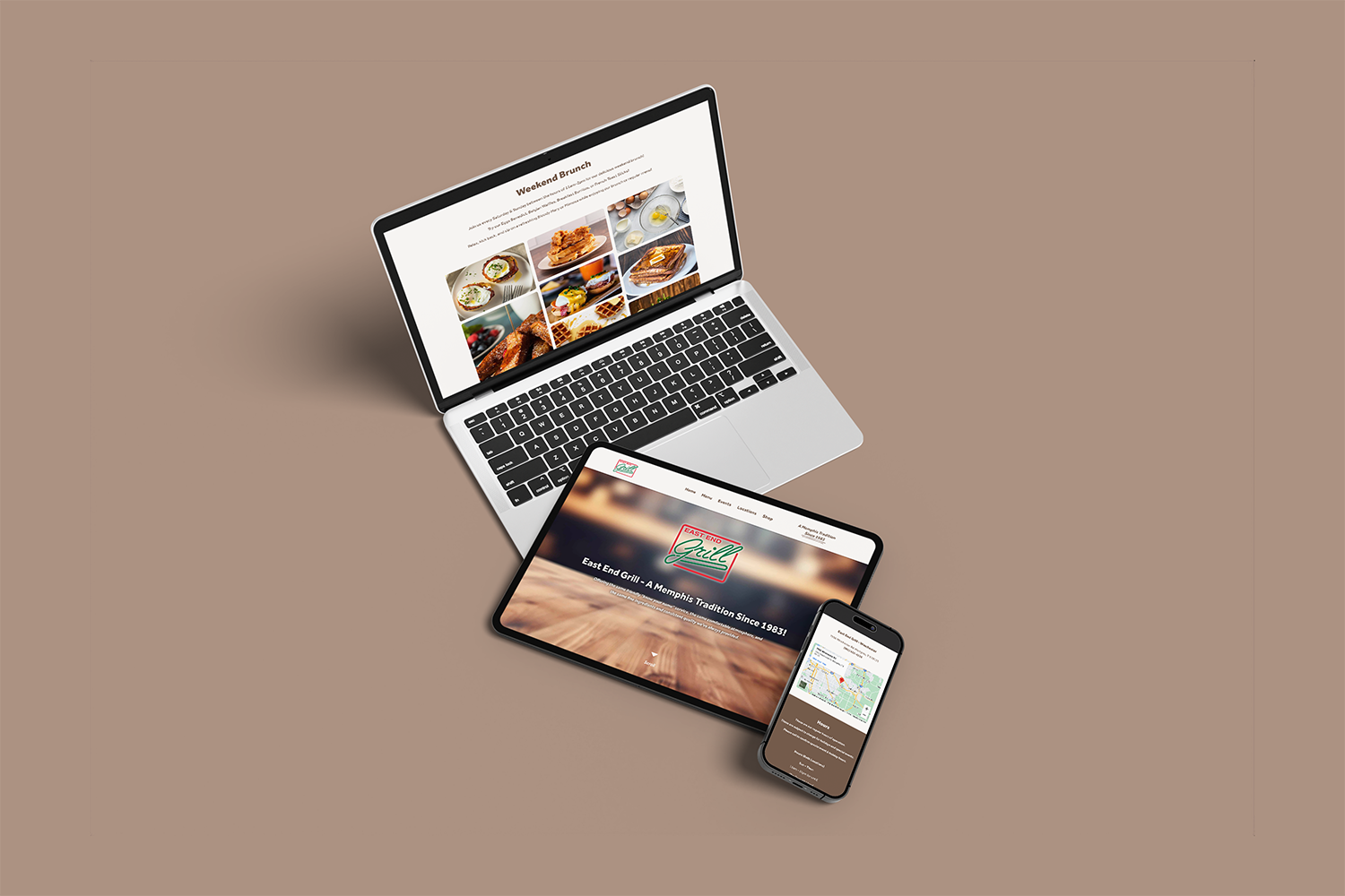 a multi-device mockup displaying the responsive design of a WordPress website for East End Grill