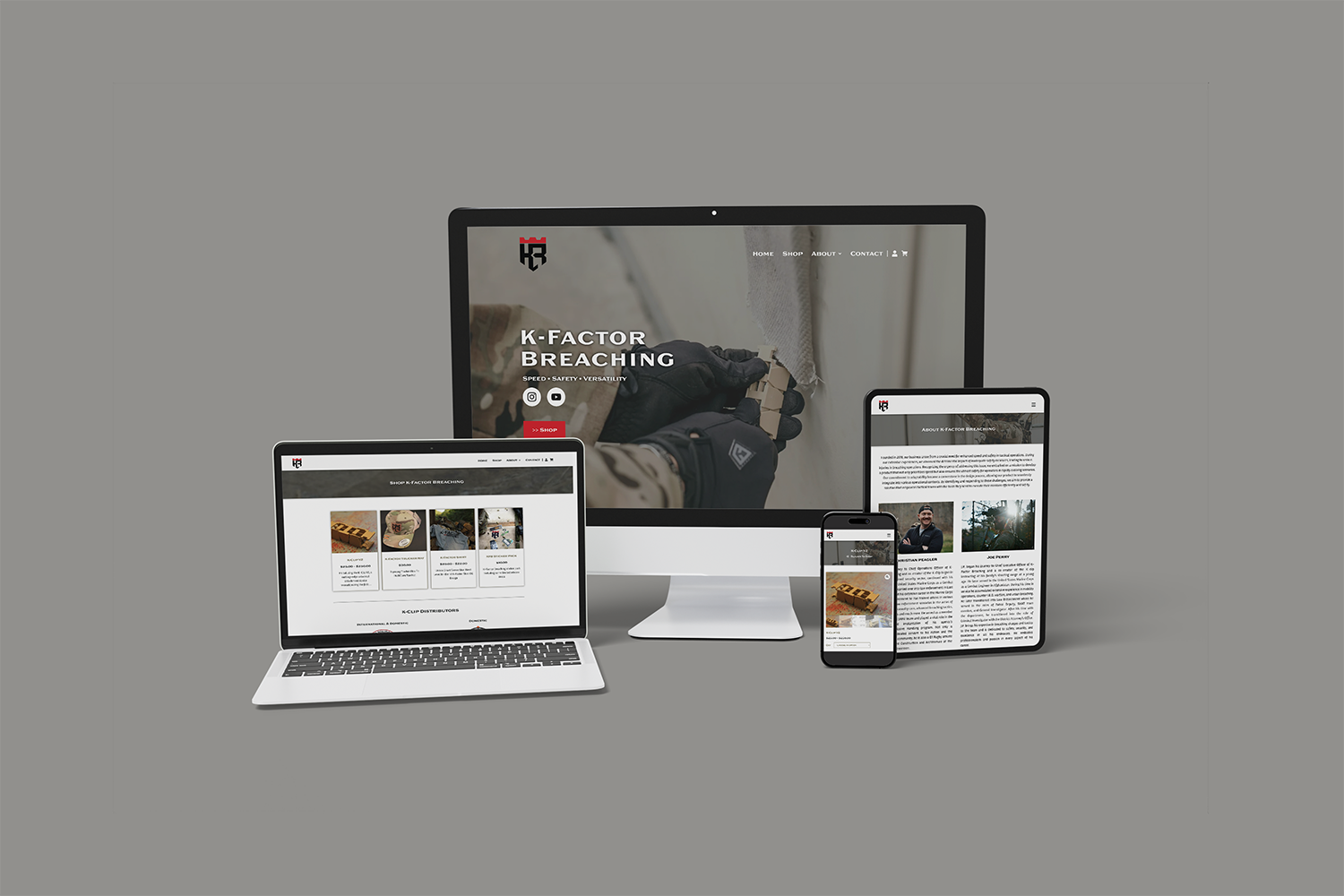 a multi-device mockup displaying the responsive design of a WordPress website for K-Factor Breaching