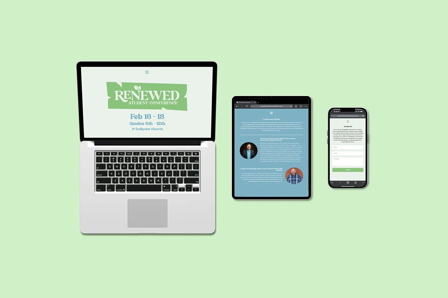 a multi-device mockup displaying the responsive design of a WordPress website for DeSoto Student Conference