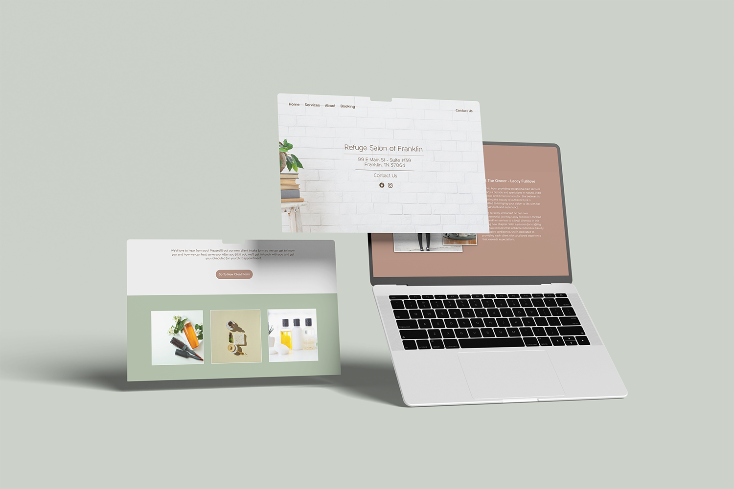 a multi-device mockup displaying the responsive design of a WordPress website for Refuge Salon of Franklin