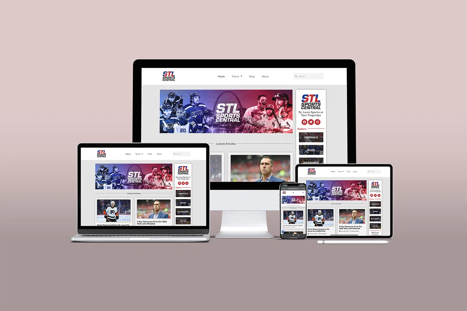 a multi-device mockup displaying the responsive design of a WordPress website for STL Sports Central