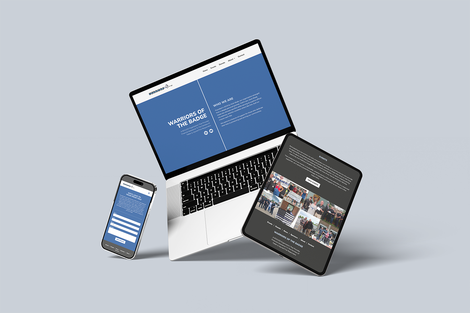 a multi-device mockup displaying the responsive design of a WordPress website for Warriors of the Badge