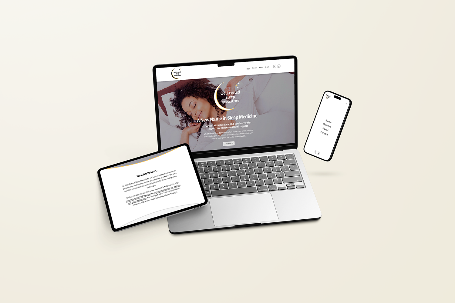 a multi-device mockup displaying the responsive design of a Squarespace website for Well Rested Sleep Specialists